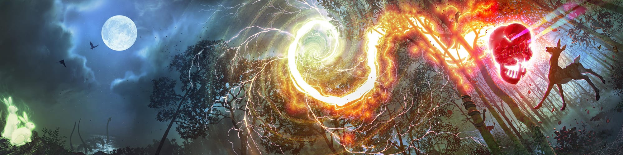 A wide drawing with a red skull appearing coming from an energetic swirl in a forest with a deer levitating in front of the skull, a full move with a sea monster below and green rabbits watching