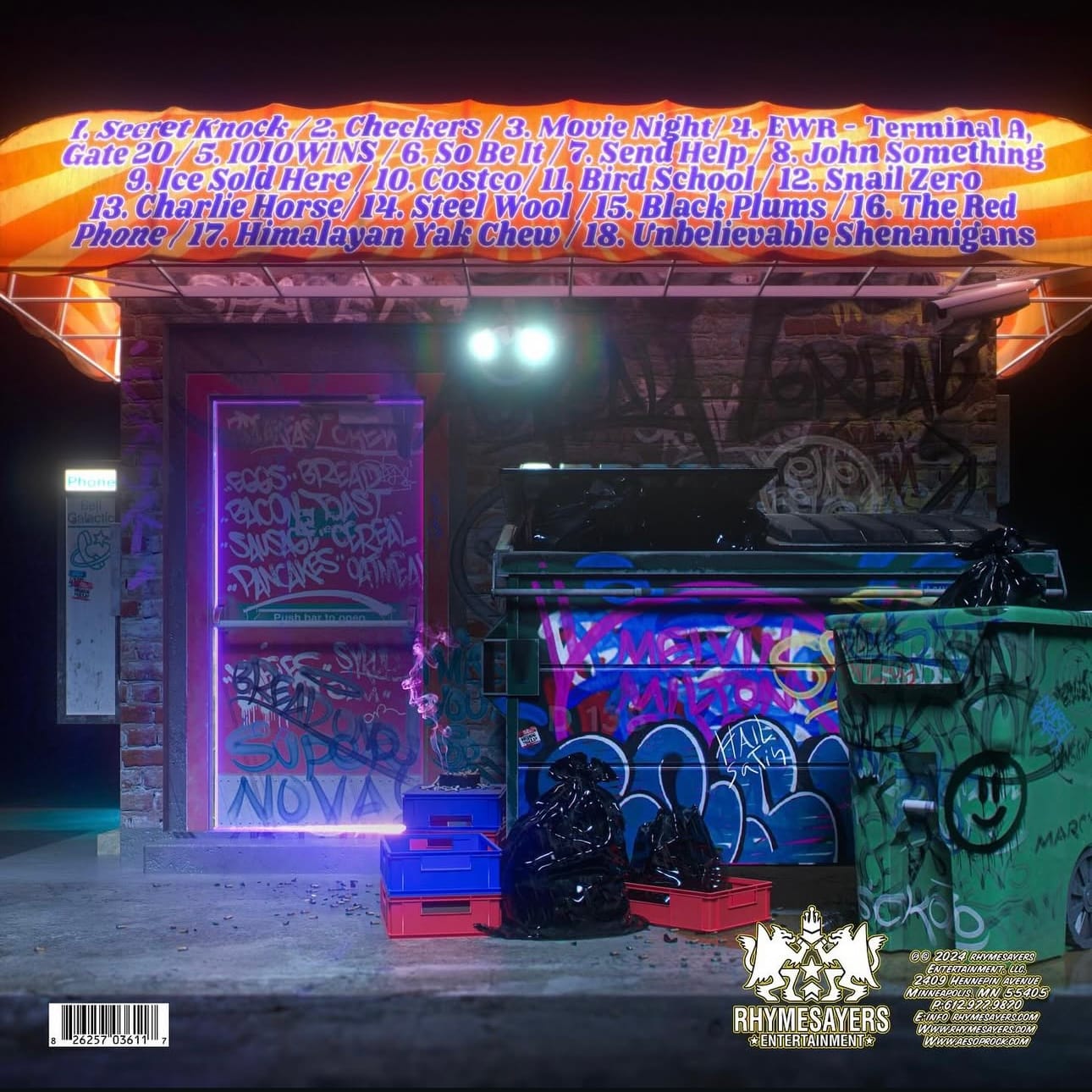 The backside of a vinyl cover with the back of the convenience store, with graffiti all over the building, dumpster and trash bin, song titles on the roof