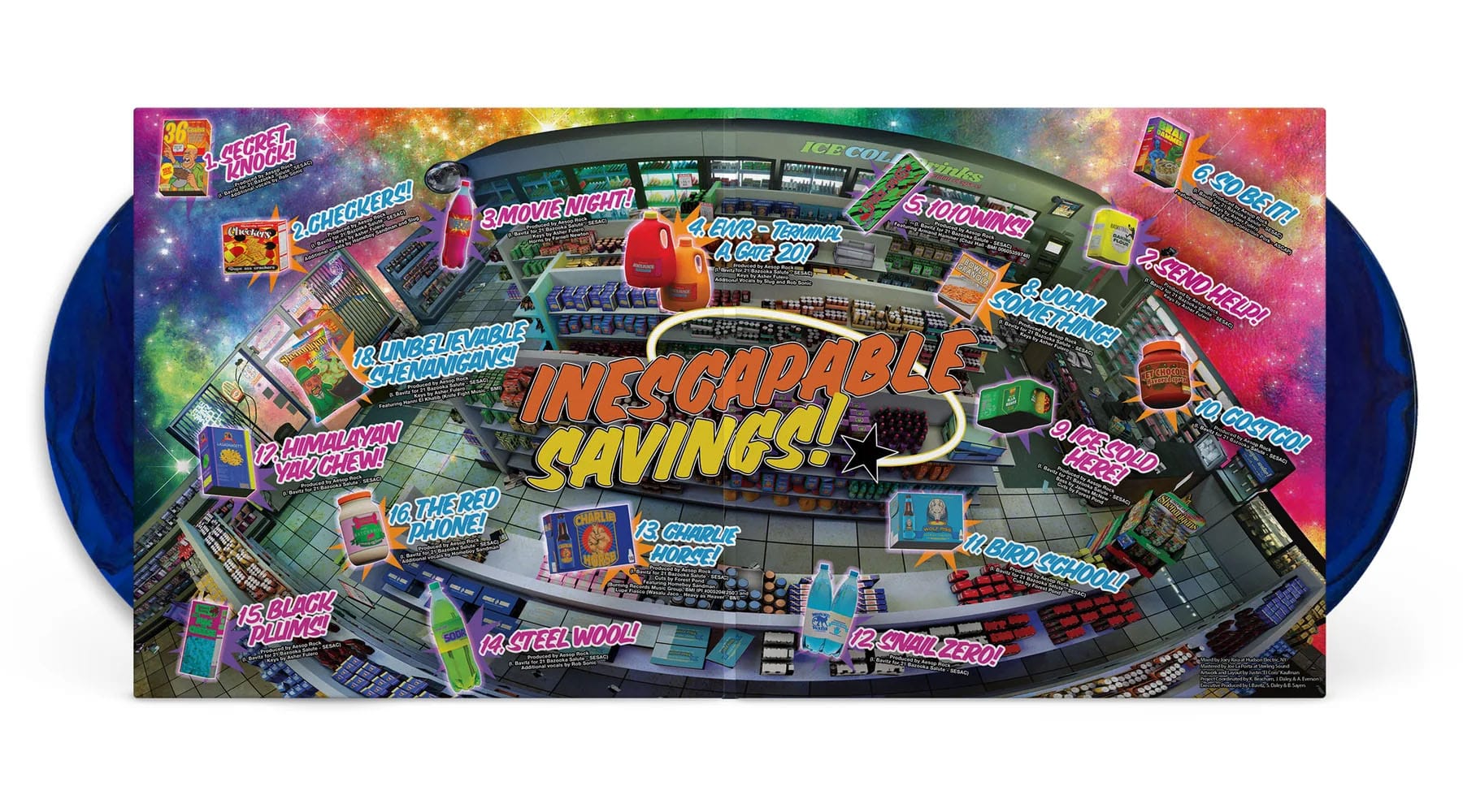 A spread with a fish eye view of the store, "inescapable savings", items with song names and production credits