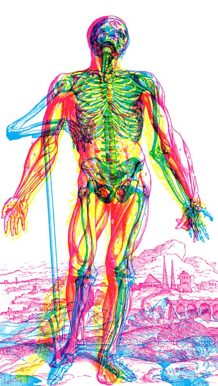 An illustration of a human body drawn in layers of cyan, magenta and yellow