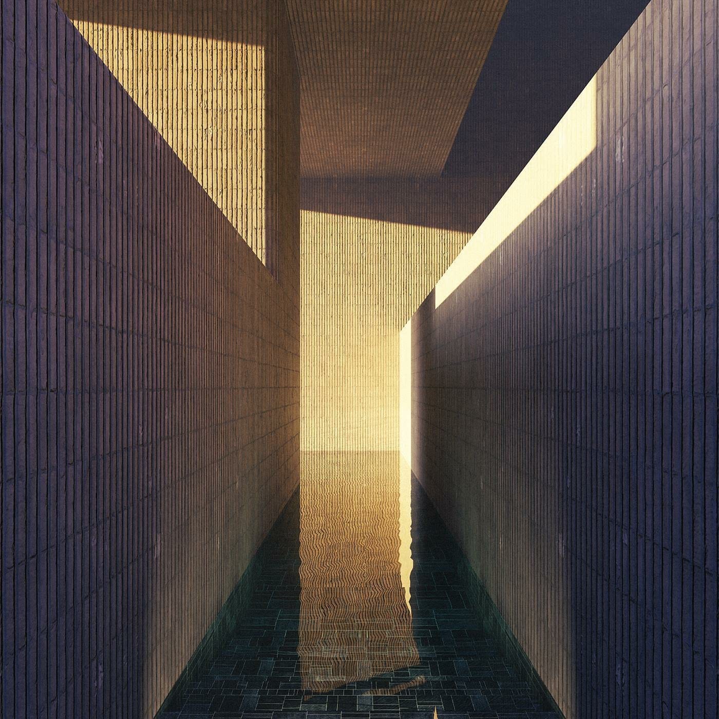An album cover with shallow water at the bottom and brown tile walls on either side, with a strange layout and golden-hour lighting