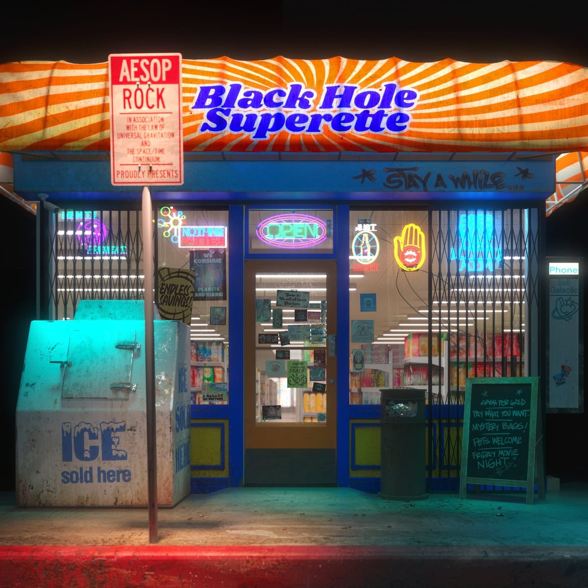 An album cover with the front of a convenience store at night with neon lights and signs