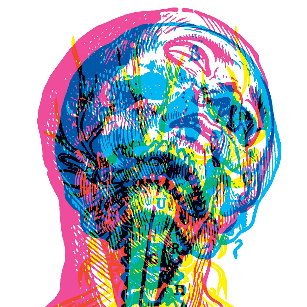 An album cover with layers of the human head drawn in cyan, magenta and yellow