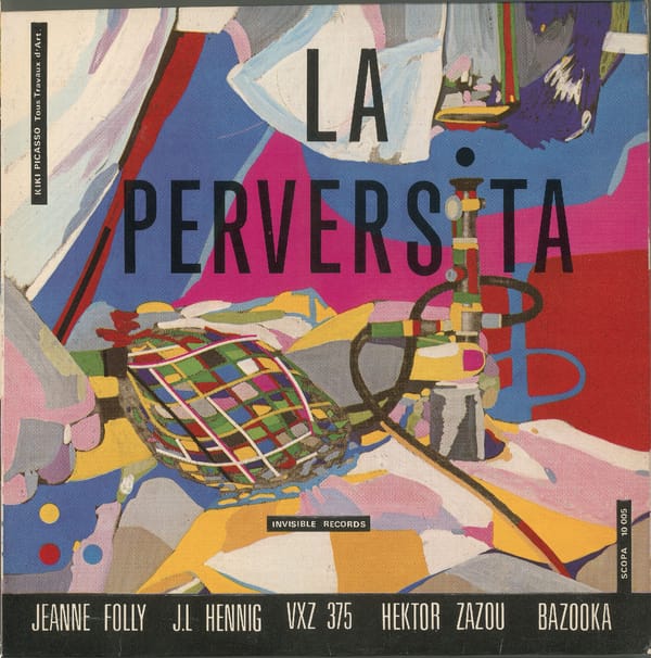 An album cover with an abstract painting featuring a mechanical instrument, titled "LA PERVERSITA"