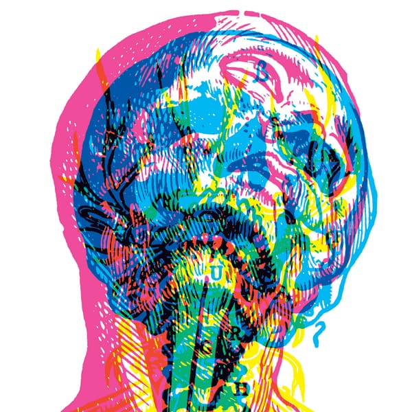 An album cover with layers of the human head drawn in cyan, magenta and yellow